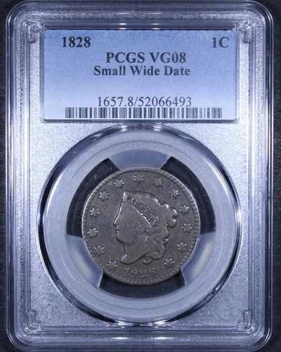 1828 年 コロネット ヘッド ラージ セント (スモール ワイド デイト) - 1 セント PCGS VG08 - 素晴らしいコインです!