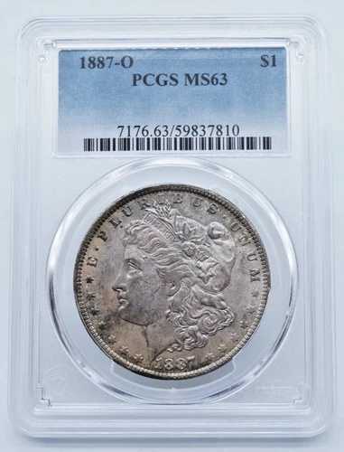 1887-O モルガン銀貨 PCGS MS63 青/紫色表面トーニング - T109
