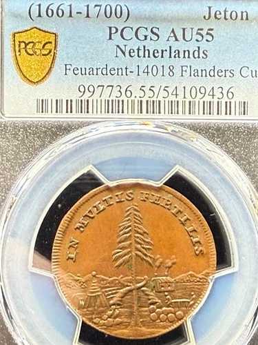 (1661-1700) オランダ銅ジェトン・フアルデント-14018 フランダース PCGS AU 55