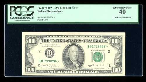 DBR 1990 $100 FRN STAR ニューヨーク Fr. 2173-B* PCGS XF-40 シリアル B01728236*