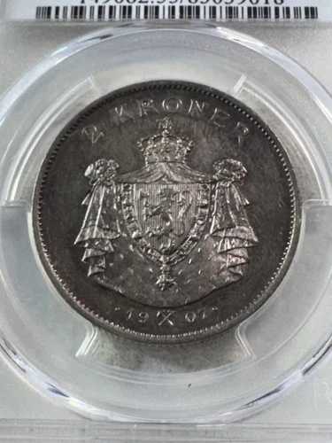 1905年 ノルウェー 2クローネ 小型紋章銀貨 PCGSグレード AU55 62,920円