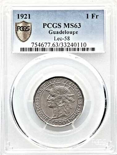グアドループ - 1921年 1フラン PCGS MS 63