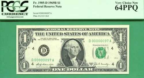 下位 2 桁シリアル - D 00000097 A - 1969B $1 FRN - PCGS CU 64 PPQ - クリーブランド