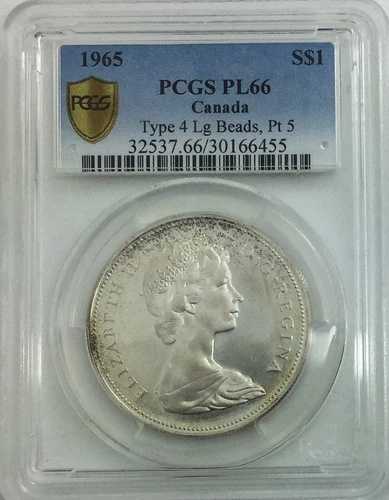 カナダ 1965年 タイプ4 ラージビーズ Ptd 5 シルバードル PCGS PL66 セキュアホルダー 美品