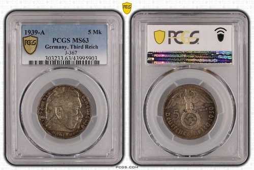 PCGS MS63 1939-A 5 Mk ライヒスマルク ヒンデンブルク J-367 第三帝国 銀貨 ドイツ 903