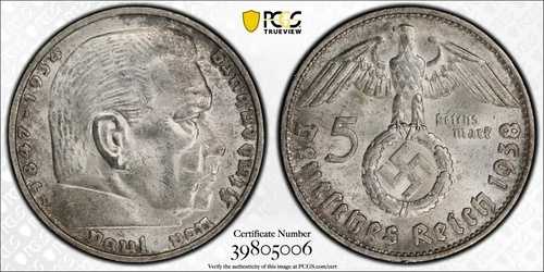 PCGS MS63 1938-D 5 ライヒスマルク ヒンデンブルク J-367 第三帝国 シルバー ナチス ドイツ 62,920円