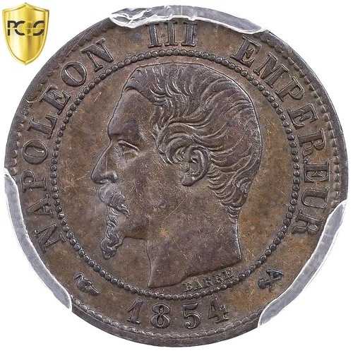 [#909383] フランス、ナポレオン 3 世、1 サンティーム、1854 年、ルーアン、レア、ブロンズ、PCGS、AU58