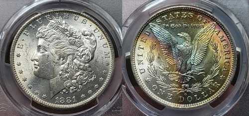 1881 O モーガン シルバー ダラー $1 PCGS MS 63+ 美しいレインボー トーン!!!