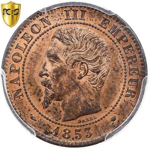 [#909376] フランス、ナポレオン 3 世、2 サンタイム、1853 年、マルセイユ、ブロンズ、PCGS、M-