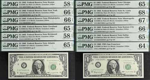 1963年 1ドル 連邦準備銀行券 PMG 68EPQ PMG グレーディング済み地区セット 12枚セット