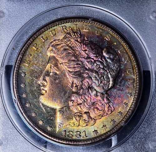 1881年-S モーガンシルバードル PCGS MS64 OGH ラトラー レインボートーン コイン PLライク OBB-