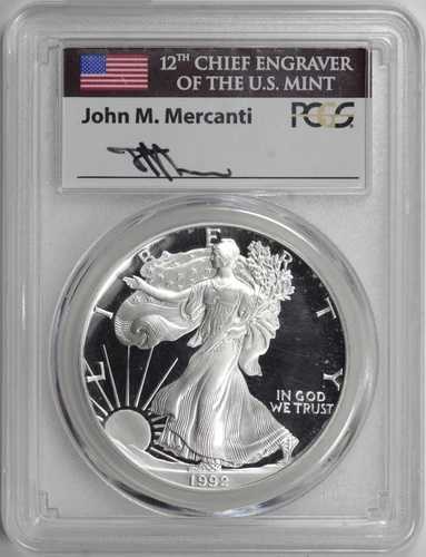 1992-S プルーフ シルバー イーグル 1ドル PCGS PR70 DCAM、メルカンティ直筆サイン入りフラッグラベル [BN382]