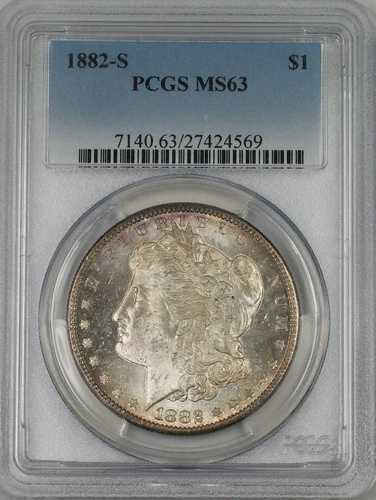 1882-S モーガン シルバー ダラー 1ドル コイン PCGS MS-63 美しいトーン (2C)