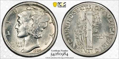 1924年 D マーキュリーダイム - PCGS MS62 - ほぼFB