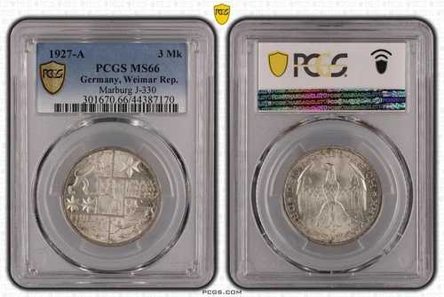 3 ライヒスマルク J.330 マールブルク大学 1927 A PCGS MS66 未使用 80964-｜WORLD RESOURCE【QUEEN店】 103,950円