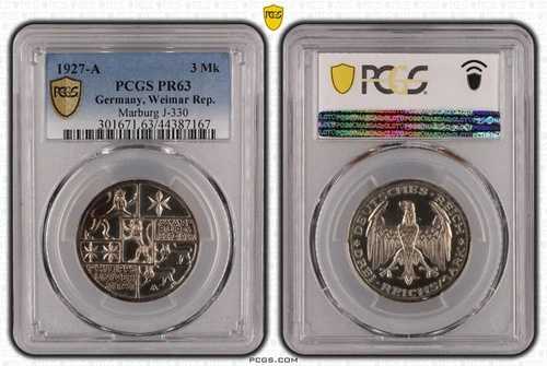 3 ライヒスマルク J.330 マールブルク大学 1927 A PCGS PR63 プルーフ 80965-｜WORLD RESOURCE【QUEEN店】