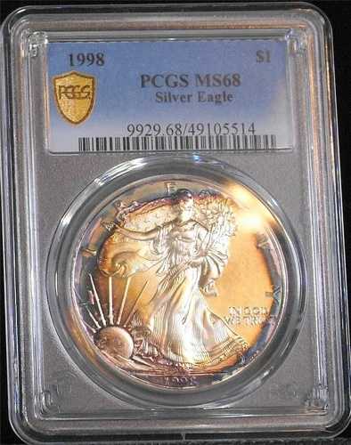 1998年 1ドル シルバーイーグル PCGS MS68 表裏 トーン/トーン ゴールドシールドラベル