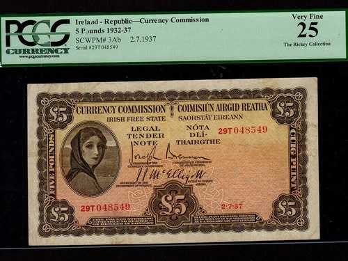 アイルランド：P-3Ab、5ポンド、1937年 * ヘイゼル・ラヴェリー夫人 * アイルランド自由国 * PCGS VF 25