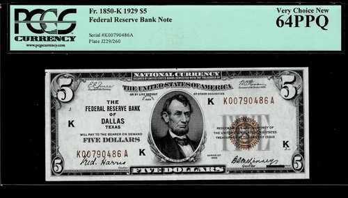 1929年 5ドル ダラス テキサス国立通貨 未流通 PCGS 64PPQ