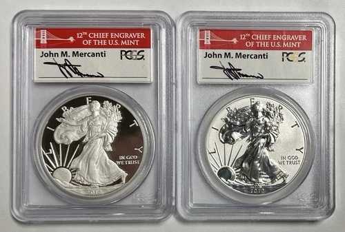 2012-S シルバーイーグル 2枚セット リバースプルーフ＆プルーフ 70 PCGS マーカンティ サイン入り