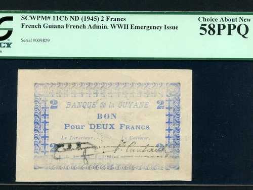 フランス領ギアナ:P-11Cb、2 フラン、1942 * レア * ガイアナ * PCGS Ch AUN 58 PPQ *｜WORLD RESOURCE【QUEEN店】