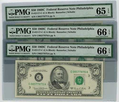 Fr. 2117-C $50 1969C 連邦準備銀行券 3 連続 #DC-2644 65-66EPQ PMG