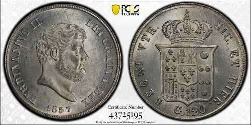 1857年 イタリア ナポリ＆シチリア 120 Gr Grani Ferdinand II PCGS MS63、これより良好なものはごくわずか｜WORLD RESOURCE【QUEEN店】