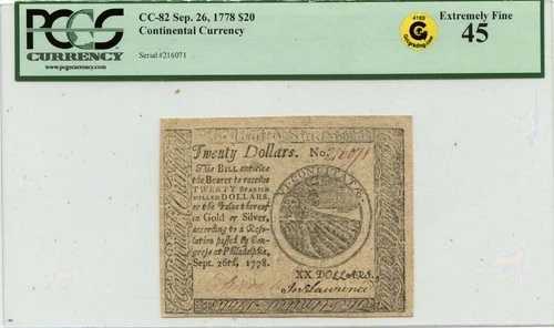 1778年9月26日、20ドル大陸通貨FR#CC-82 PCGS XF45 GCCゴールド