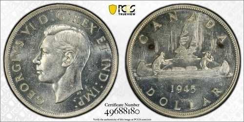 カナダ、1945年ジョージ6世ドル。 PCGS MS 62。 38,391 鋳造-
