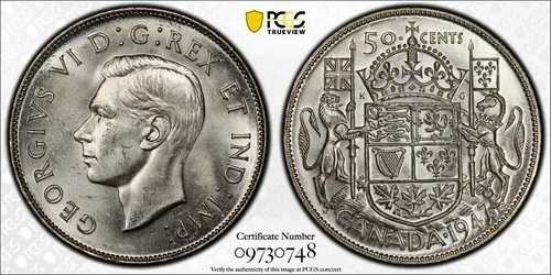 カナダ、1947年 ML ジョージ6世 50セント、50セント。PCGS MS 63。発行枚数38,433枚。