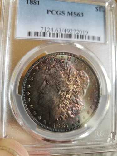 1881-P PCGS MS63 モーガン $ ゴージャスな光沢のあるカラフルなレインボートーン