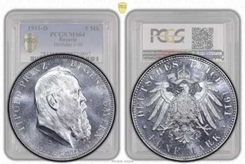 ドイツ、バイエルン、オットー、5マルク、1911年、ルイトポルト、回転、プルーフライク、PCGS MS 64