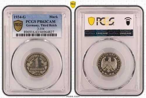 ドイツ 1 ライヒスマルク 1934 G プルーフコイン PCGS PR63 CAM カメオ 第三帝国