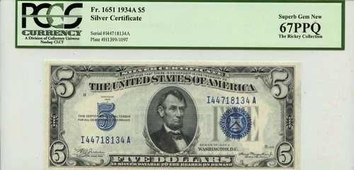 1934A 5ドル銀貨証明書 FR#1651 PCGS スーパージェム 67 PPQ
