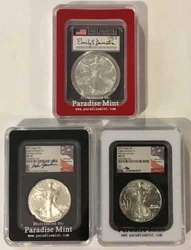 2021 $1 シルバー イーグル T-2 NGC MS70 FDOI 3 コイン セット 手書きサイン入り、M.G.、E.D.、J.M.