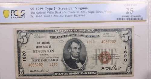 1929年 5ドル、国立通貨、バージニア州スタントン、PCGS VF25、#SGNB002