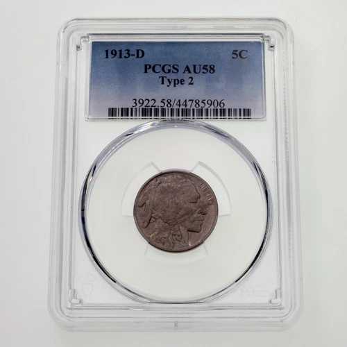 1913-D 5C バッファローニッケル タイプ2、PCGSでAU58と評価！素晴らしい！