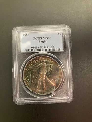 1986年 アメリカン シルバー イーグル $1 PCGS MS 68 レインボートーン 初年度発行