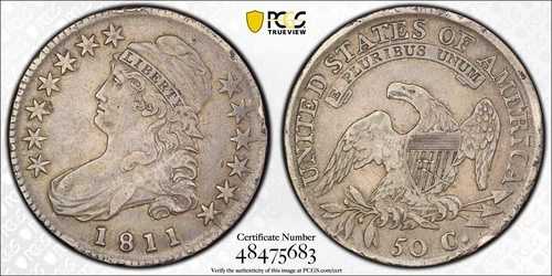 1811年製 キャップドバスト ハーフダラー PCGS VF 35 Small 8 - 鑑定済み - 送料無料
