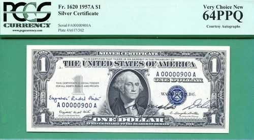 ローバイナリシリアル A00000900A ＆ダブルオートグラフ - $1 1957A SC - PCGS CU 64 PPQ