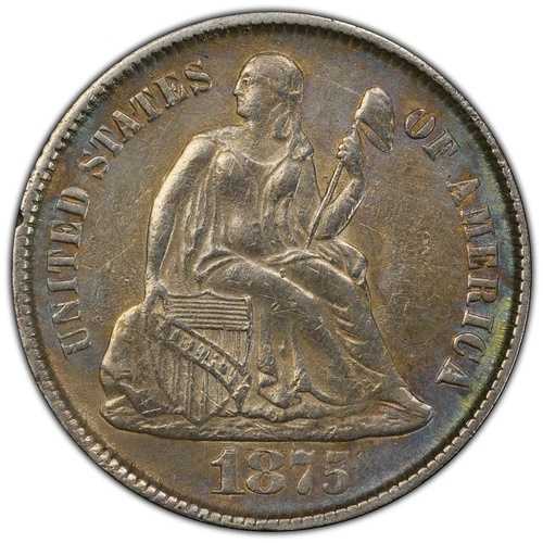 1875年CC シーテッド・リバティ・ダイム。PCGSゴールド AU 詳細クリーニング済み。船首下MM。SL0132