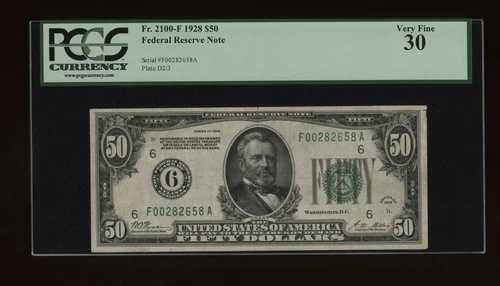 DBR 1928 $50 アトランタ数字 Fr. 2100-F PCGS 30 シリアル F00282658A