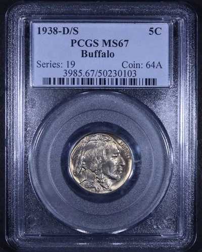 1938-D/S バッファロー ニッケル - 5 セント PCGS MS67 - キー バラエティ コイン!