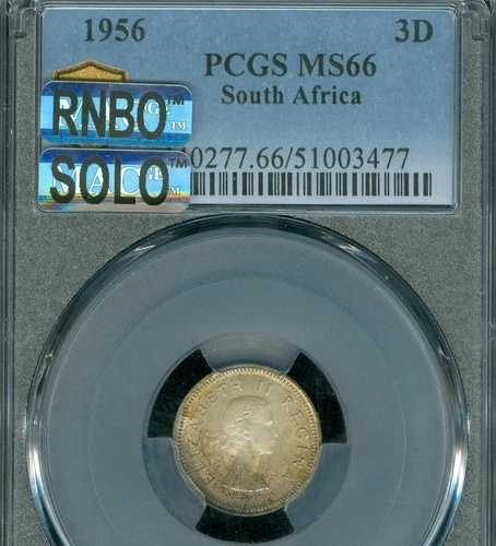 1956年 南アフリカ 3ペンス 3D PCGS MS66 MAC SOLO 最高級グレード & RNBO レインボー レア