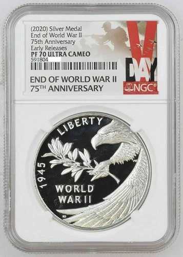 2020年 P 第二次世界大戦終結75周年記念 1オンス シルバーメダル イーグル NGC PF70｜WORLD RESOURCE【QUEEN店】