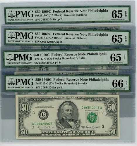 Fr. 2117-C $50 1969C 連邦準備銀行券 4 連続 65-66EPQ PMG DC-2628 132,550円