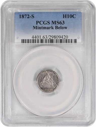 1872-S 自由の女神像 シルバー ハーフダイム ミントマーク MS63 未満 PCGS