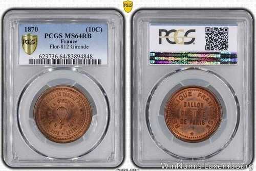 M7657 トップポップ 10サンチーム バルーン ナポレオン3世 パリ包囲戦 1870年 PCGS MS64-