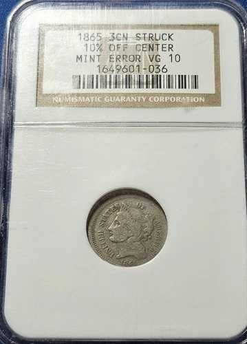 1865 年 3 セント ニッケル - 3CN PCGS VG 10、センター エラーが 10% オフ!!! 133,100円