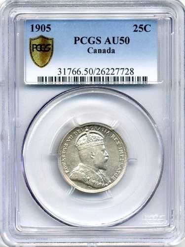 1905年カナダ25セント硬貨 - ほぼ未使用、PCGS AU50｜WORLD RESOURCE【QUEEN店】